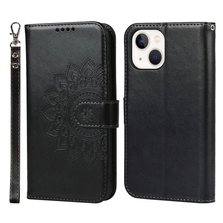 Pour iPhone 15 Plus R61 Texture Printed Wallet Case Stand Feature with Wrist Strap - Noir