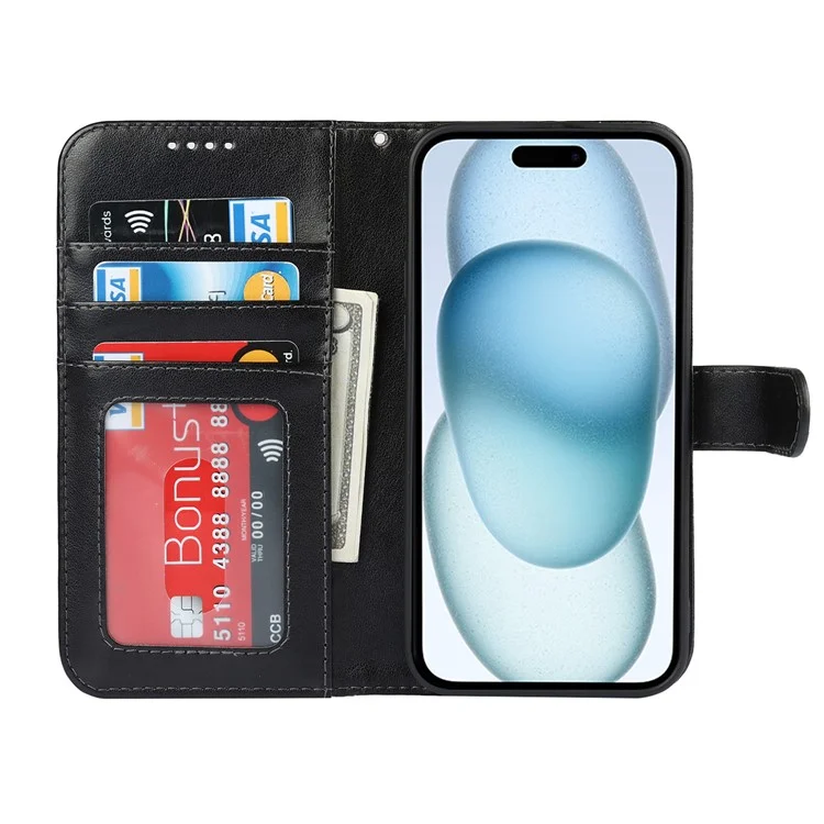 Pour iPhone 15 Plus R61 Texture Printed Wallet Case Stand Feature with Wrist Strap - Noir