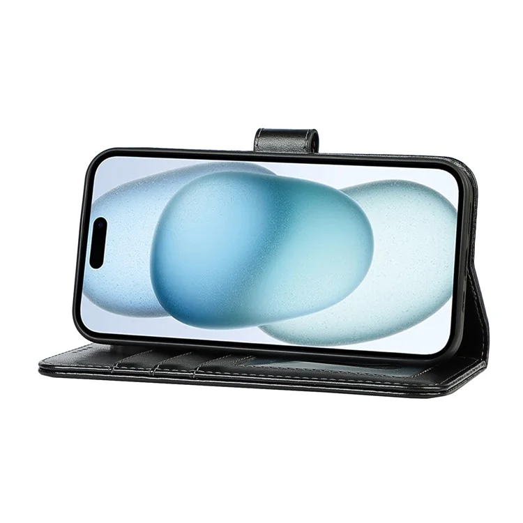 Pour iPhone 15 Plus R61 Texture Printed Wallet Case Stand Feature with Wrist Strap - Noir