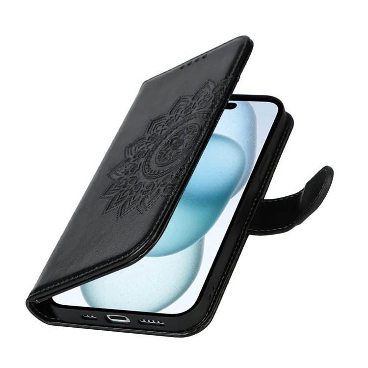 Pour iPhone 15 Plus R61 Texture Printed Wallet Case Stand Feature with Wrist Strap - Noir