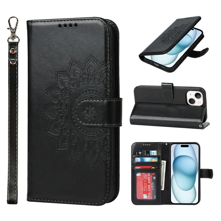 Pour iPhone 15 Plus R61 Texture Printed Wallet Case Stand Feature with Wrist Strap - Noir