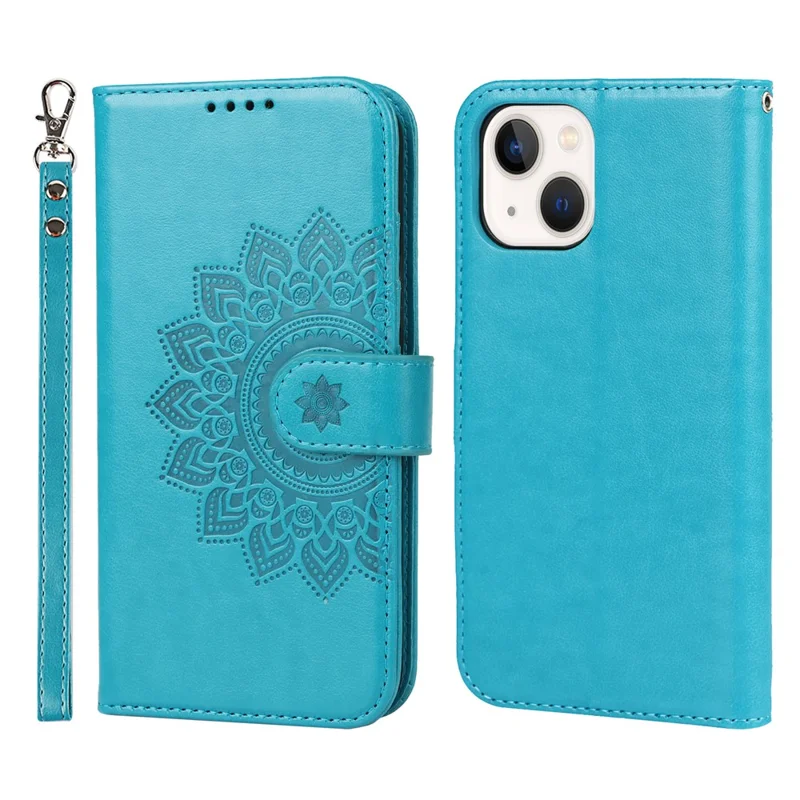 For iPhone 15 Plus R61 Texture Printed Wallet Case Stand Feature with Wrist Strap - Blue