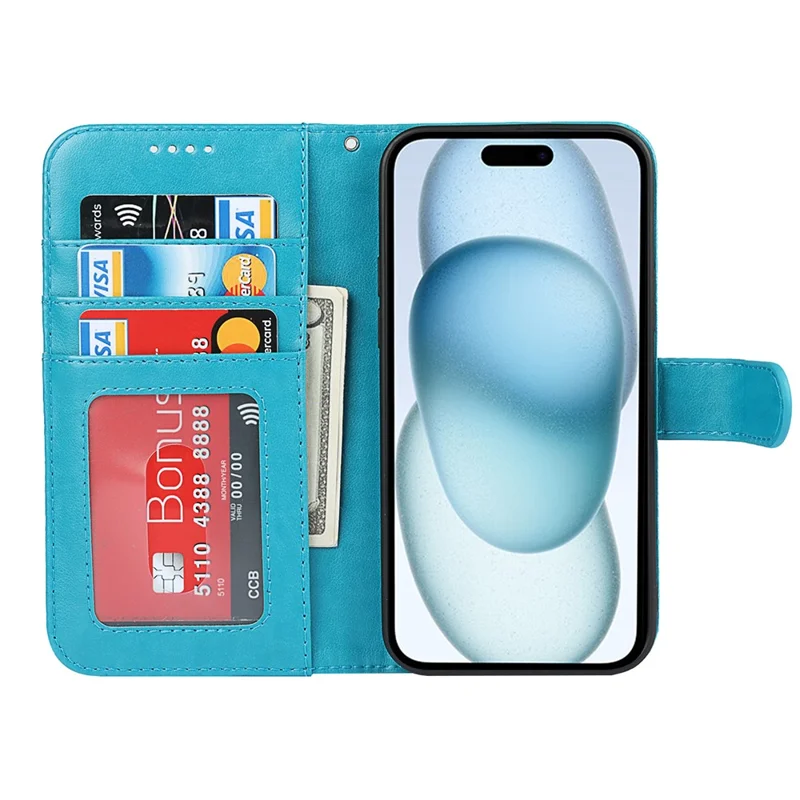 For iPhone 15 Plus R61 Texture Printed Wallet Case Stand Feature with Wrist Strap - Blue