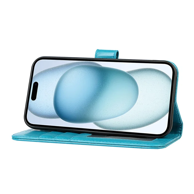 For iPhone 15 Plus R61 Texture Printed Wallet Case Stand Feature with Wrist Strap - Blue