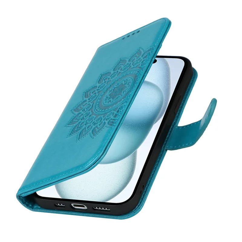 For iPhone 15 Plus R61 Texture Printed Wallet Case Stand Feature with Wrist Strap - Blue