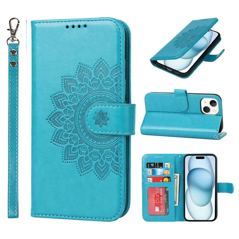 For iPhone 15 Plus R61 Texture Printed Wallet Case Stand Feature with Wrist Strap - Blue