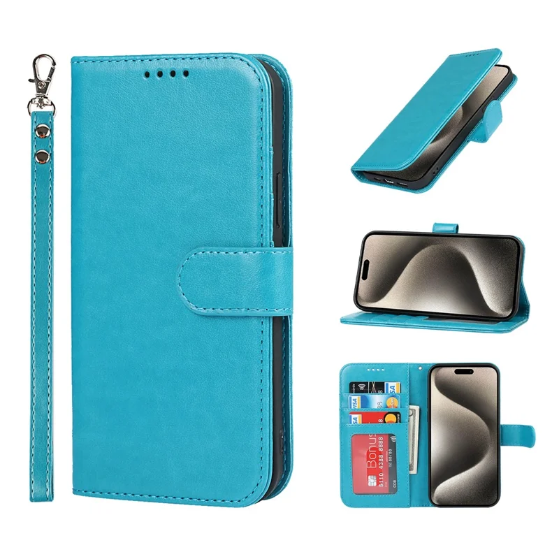 For iPhone 15 Pro Cell Phone Case R61 Texture Felled Seam PU Leather Cover with Stand - Blue