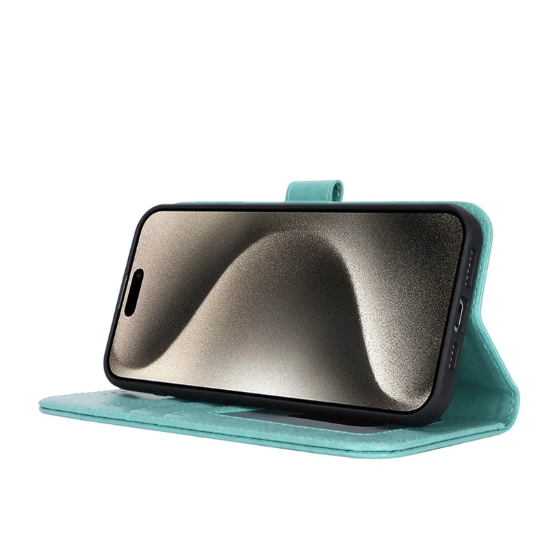 For iPhone 15 Pro Cell Phone Case R61 Texture Felled Seam PU Leather Cover with Stand - Light Green