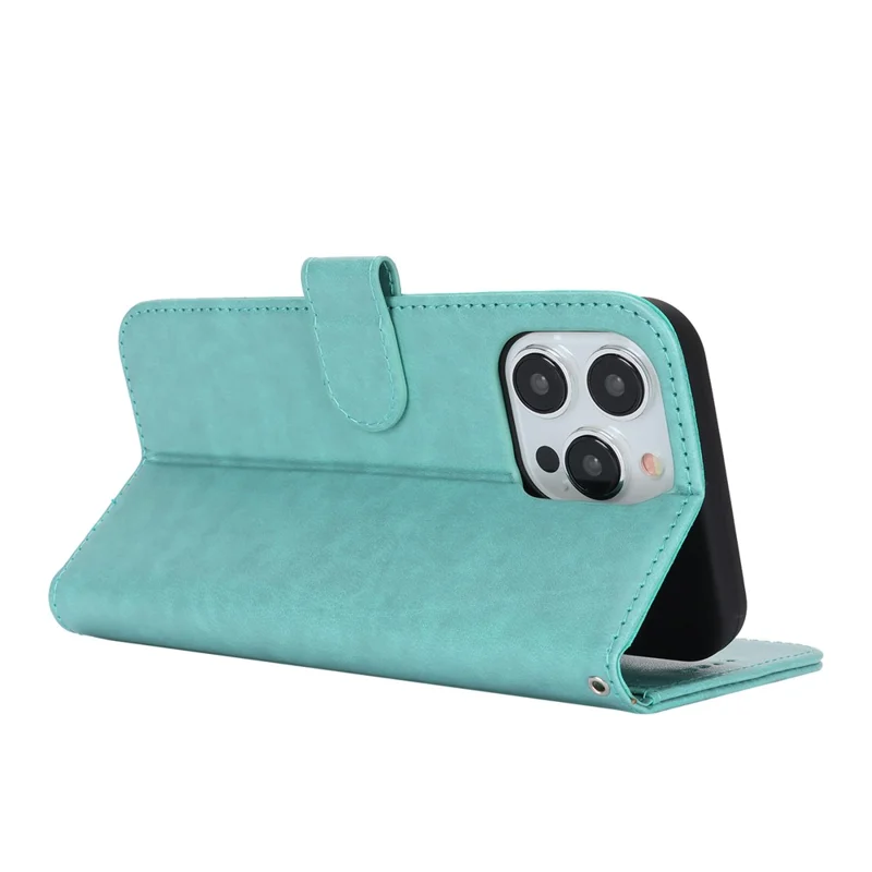 For iPhone 15 Pro Cell Phone Case R61 Texture Felled Seam PU Leather Cover with Stand - Light Green