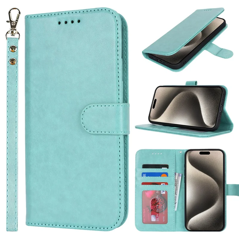 For iPhone 15 Pro Cell Phone Case R61 Texture Felled Seam PU Leather Cover with Stand - Light Green