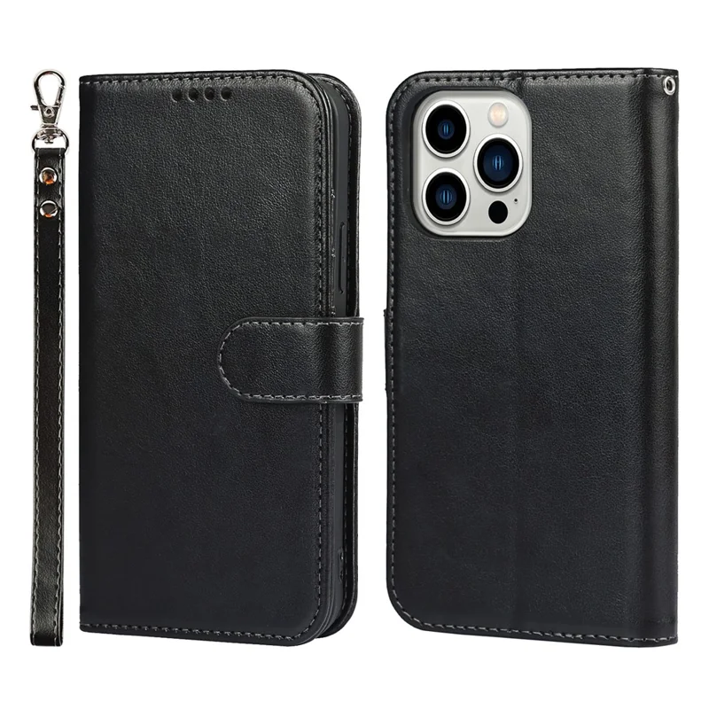 For iPhone 15 Pro Cell Phone Case R61 Texture Felled Seam PU Leather Cover with Stand - Black