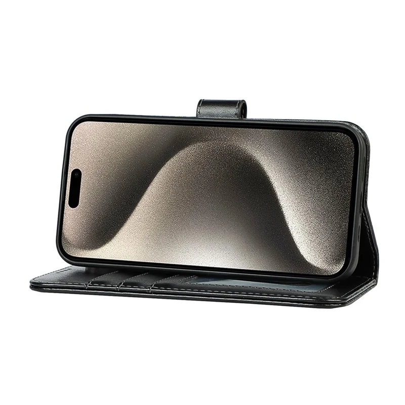 For iPhone 15 Pro Cell Phone Case R61 Texture Felled Seam PU Leather Cover with Stand - Black