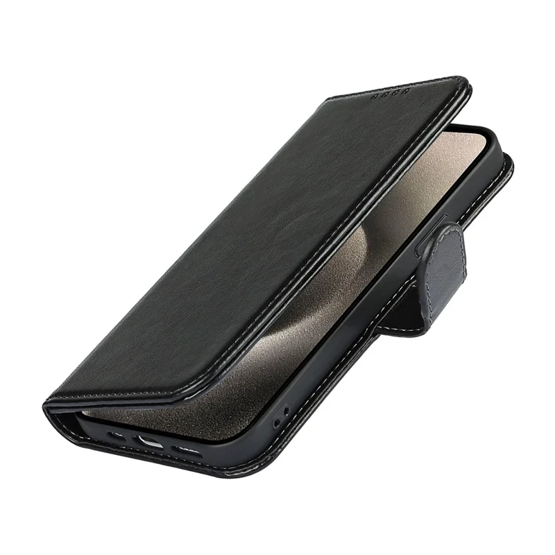 For iPhone 15 Pro Cell Phone Case R61 Texture Felled Seam PU Leather Cover with Stand - Black