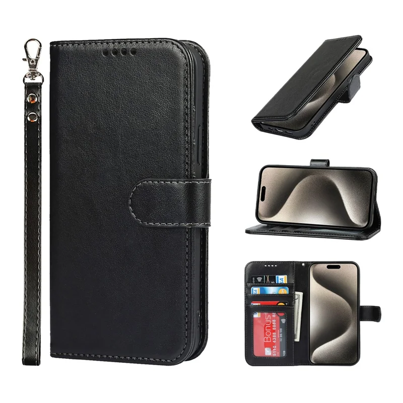 For iPhone 15 Pro Cell Phone Case R61 Texture Felled Seam PU Leather Cover with Stand - Black