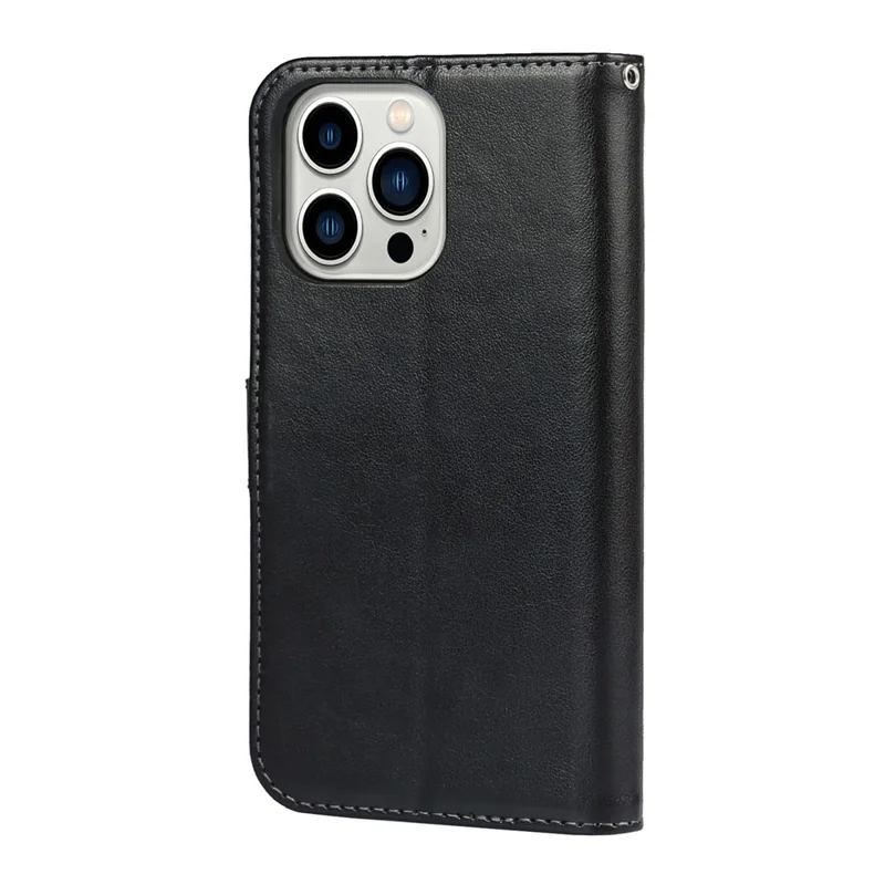 For iPhone 15 Pro Cell Phone Case R61 Texture Felled Seam PU Leather Cover with Stand - Black
