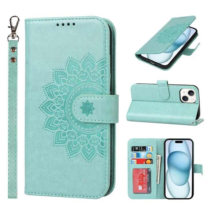 Для iPhone 15 R61 Texture Wallet Case с печатным дизайном, чехол из искусственной кожи - светло-зеленый