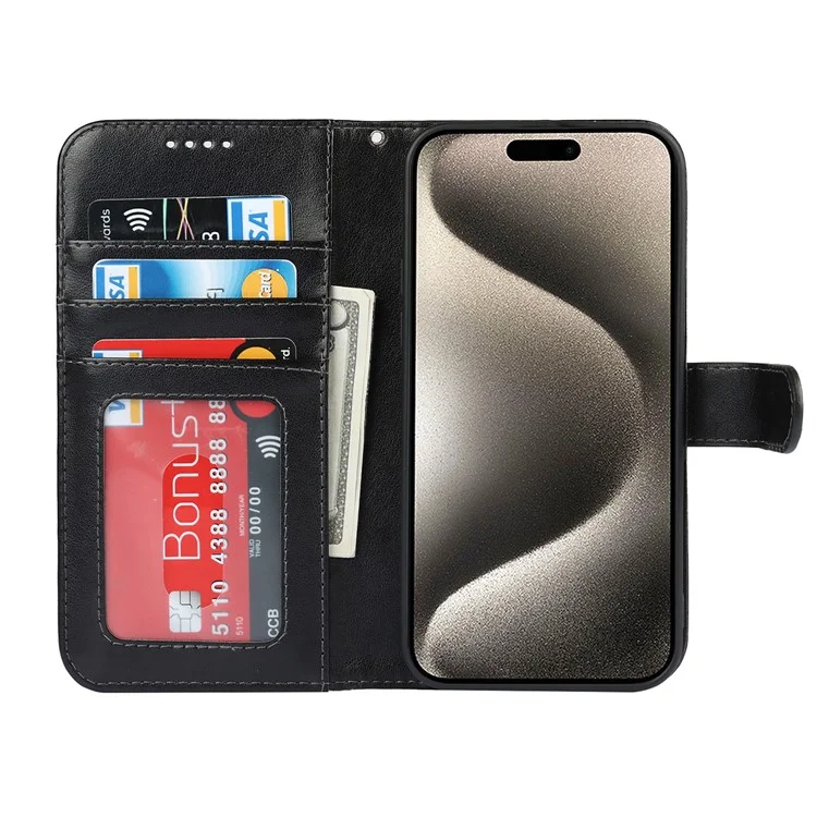 Für iPhone 15 Pro Wallet Leather Cover R61 Textur PU Leder Stand Case - Schwarz