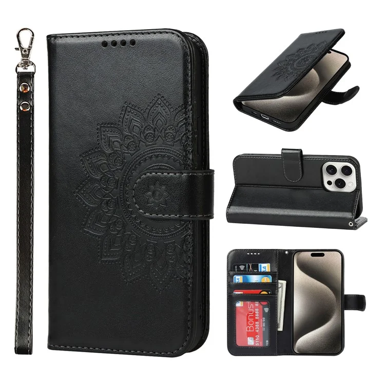 Für iPhone 15 Pro Wallet Leather Cover R61 Textur PU Leder Stand Case - Schwarz
