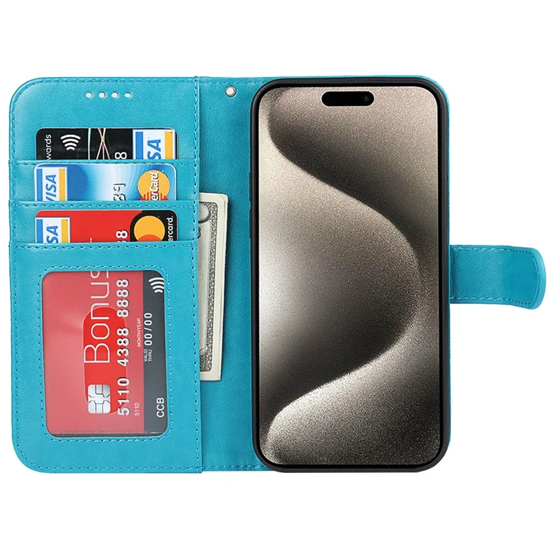 For iPhone 15 Pro Max Wallet Phone Case R61 Texture PU Leather Magnetic Protective Cover - Blue