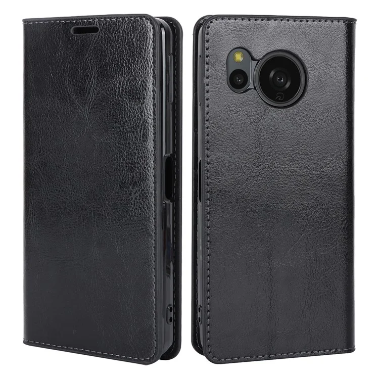 Для Sharp Aquos Sense 8 Раскол Кожаный Кошелек Сумасшедшая Лошадь Текстура Flip Folio Case Cover - Черный