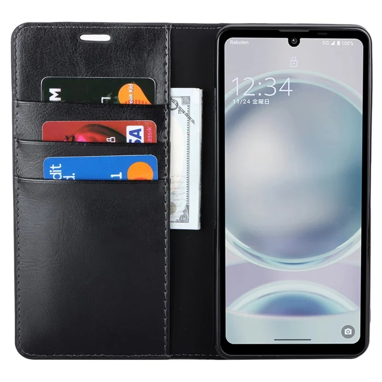 Для Sharp Aquos Sense 8 Раскол Кожаный Кошелек Сумасшедшая Лошадь Текстура Flip Folio Case Cover - Черный
