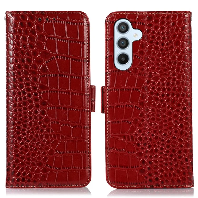 Wallet Case for Samsung Galaxy A55 5G Genuine Cow Leather Crocodile Texture Cover with RFID Blocking - Red