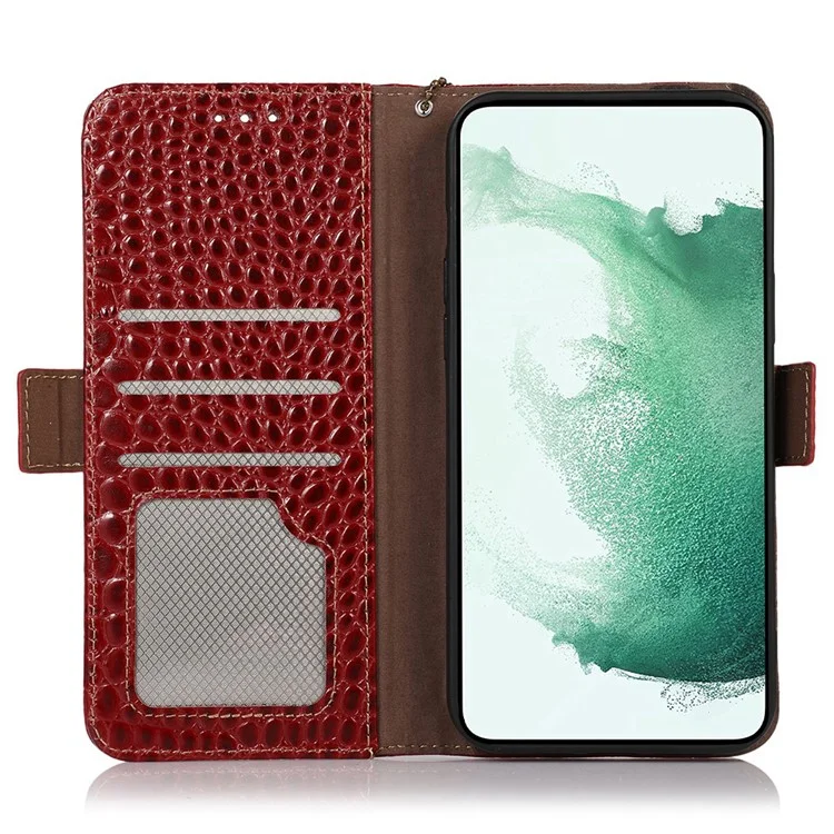 Wallet Case for Samsung Galaxy A55 5G Genuine Cow Leather Crocodile Texture Cover with RFID Blocking - Red