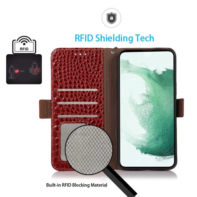 Wallet Case for Samsung Galaxy A55 5G Genuine Cow Leather Crocodile Texture Cover with RFID Blocking - Red