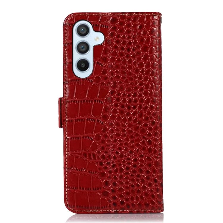 Wallet Case for Samsung Galaxy A55 5G Genuine Cow Leather Crocodile Texture Cover with RFID Blocking - Red