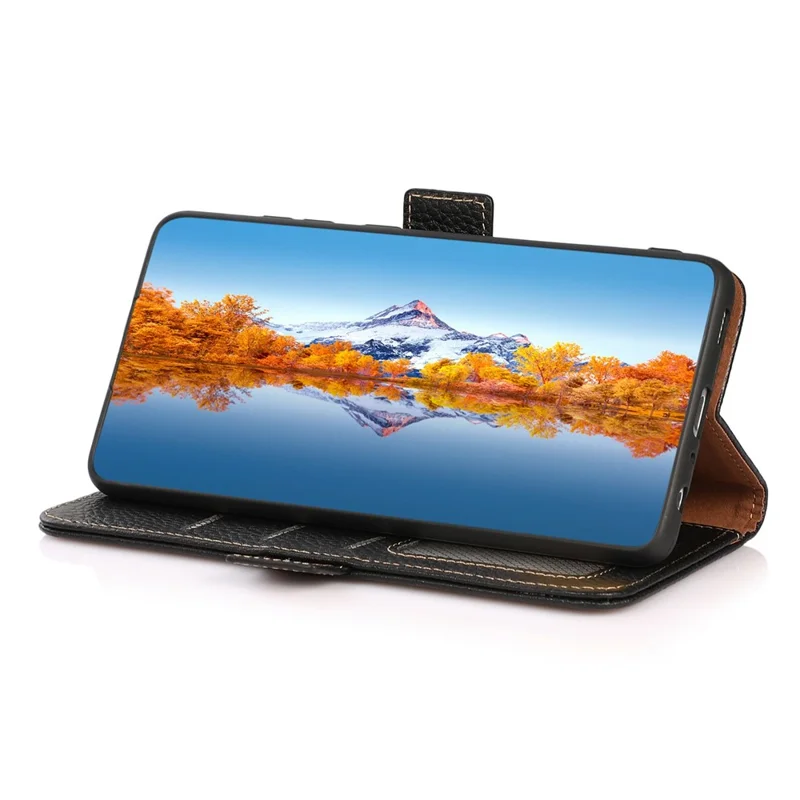 KHAZNEH For Samsung Galaxy A55 5G Case Wallet with RFID Blocking Genuine Cow Leather Cover - Black