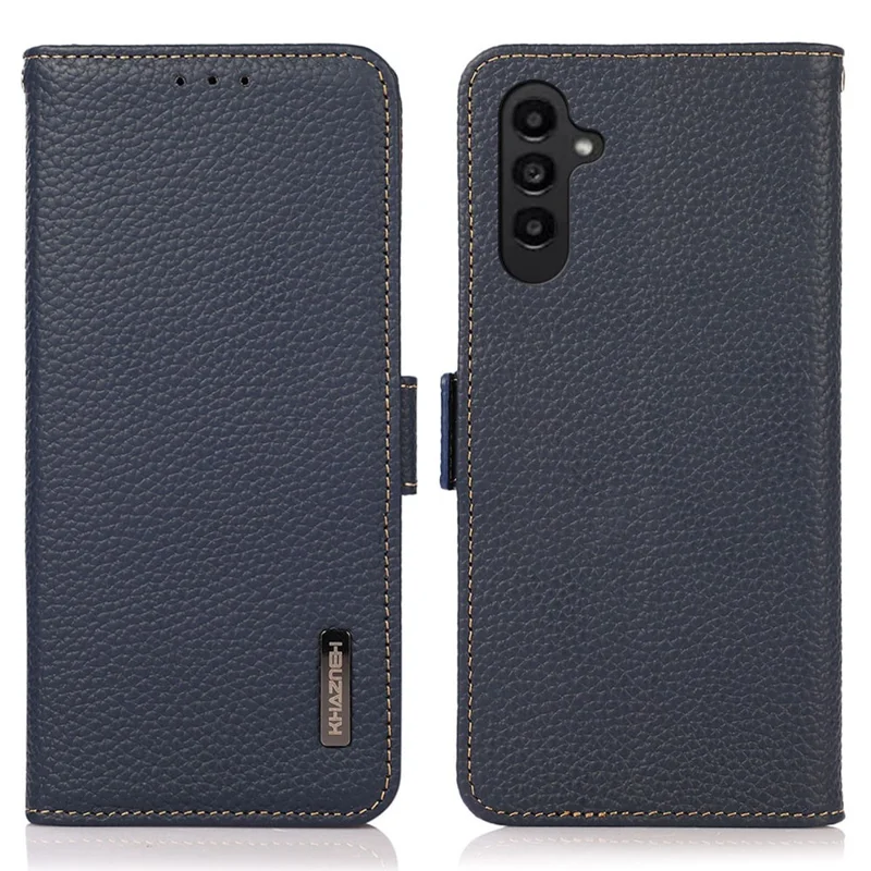KHAZNEH For Samsung Galaxy A35 5G Genuine Cow Leather Case with Litchi Texture and RFID Blocking Security - Blue