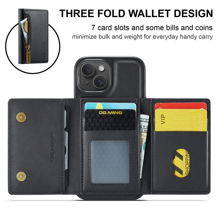 DG.MING Serie M5 para iPhone 14 Funda magnética Bloqueo RFID Cartera desmontable de cuero+TPU+PC - Negro 