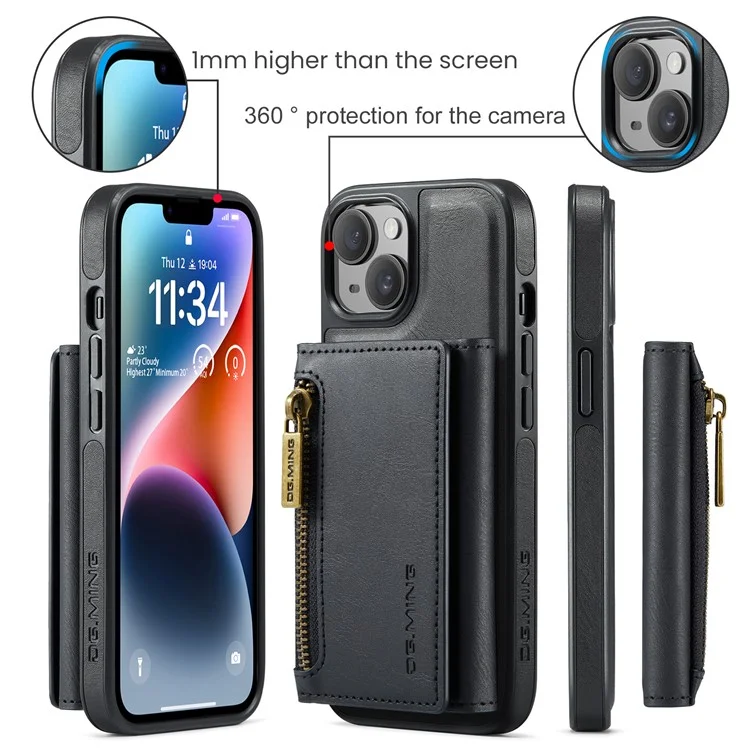 DG.MING Serie M5 para iPhone 14 Funda magnética Bloqueo RFID Cartera desmontable de cuero+TPU+PC - Negro 