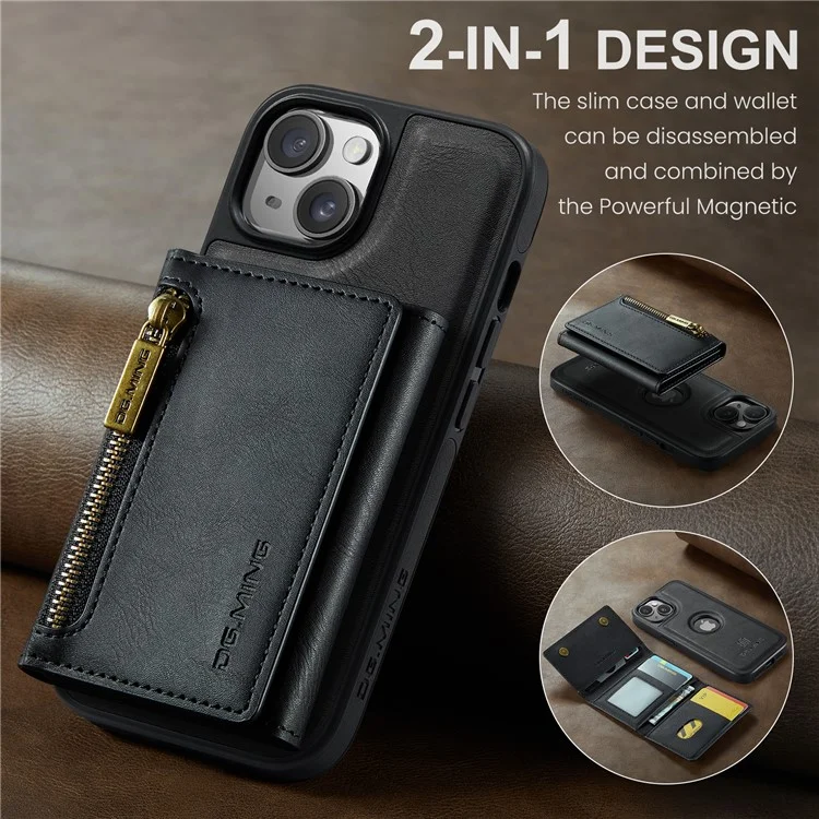 DG.MING Serie M5 para iPhone 14 Funda magnética Bloqueo RFID Cartera desmontable de cuero+TPU+PC - Negro 