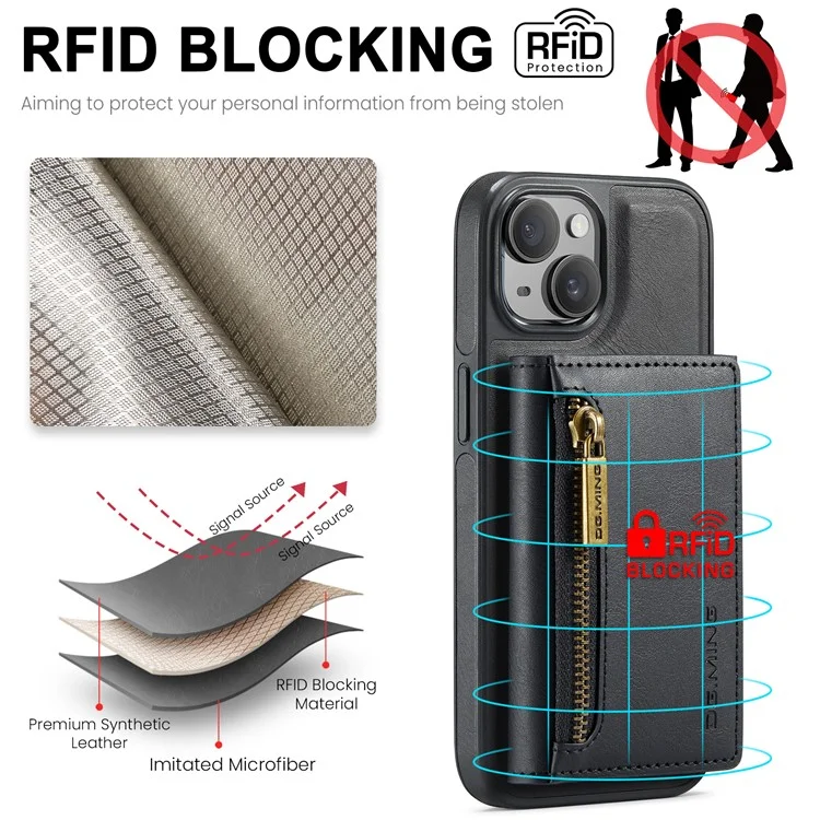 DG.MING Serie M5 para iPhone 14 Funda magnética Bloqueo RFID Cartera desmontable de cuero+TPU+PC - Negro 