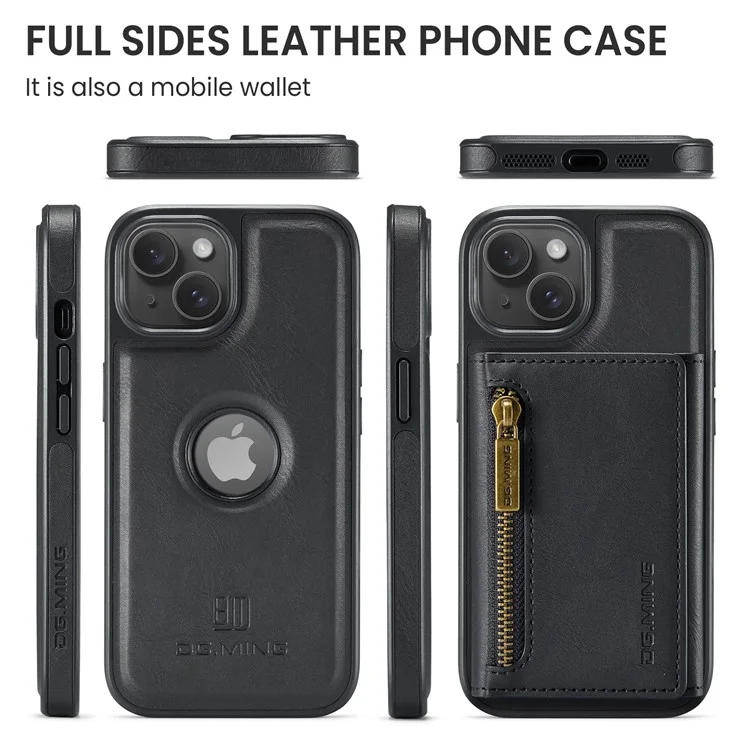 DG.MING Serie M5 para iPhone 14 Funda magnética Bloqueo RFID Cartera desmontable de cuero+TPU+PC - Negro 