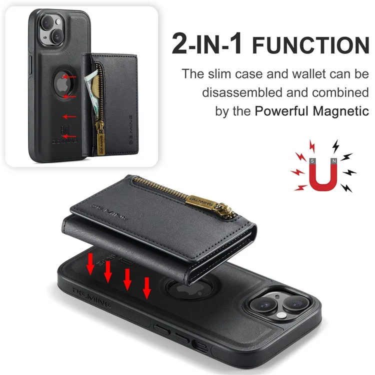 DG.MING Serie M5 para iPhone 14 Funda magnética Bloqueo RFID Cartera desmontable de cuero+TPU+PC - Negro 