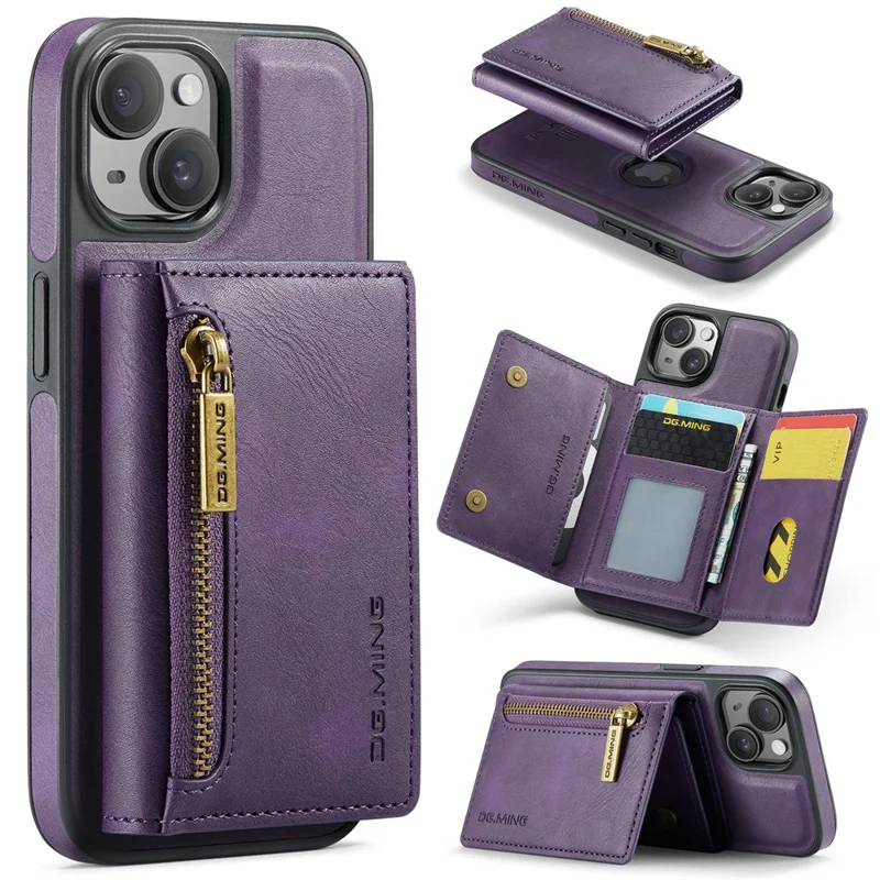 DG.MING M5 Series For iPhone 14 Magnetic Case RFID Blocking Detachable Leather+TPU+PC Wallet Cover - Purple