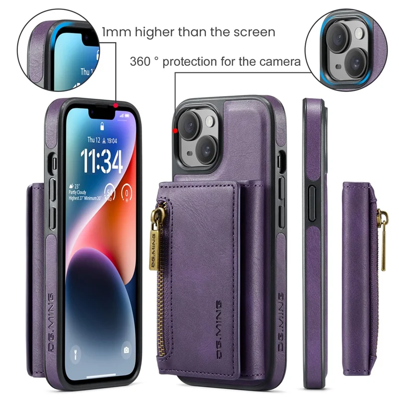 DG.MING M5 Series For iPhone 14 Magnetic Case RFID Blocking Detachable Leather+TPU+PC Wallet Cover - Purple