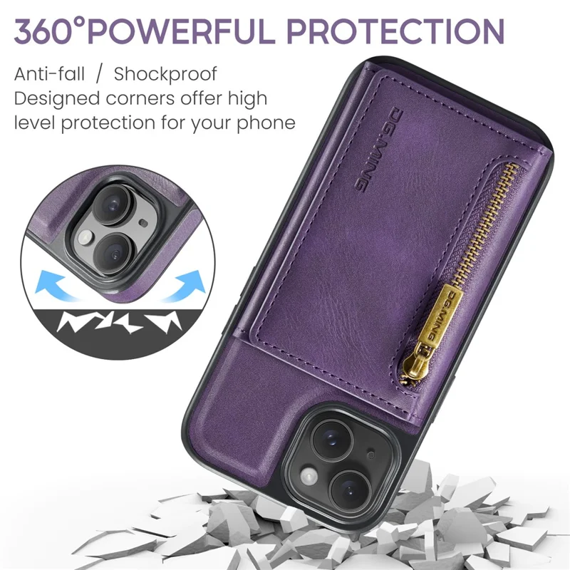 DG.MING M5 Series For iPhone 14 Magnetic Case RFID Blocking Detachable Leather+TPU+PC Wallet Cover - Purple