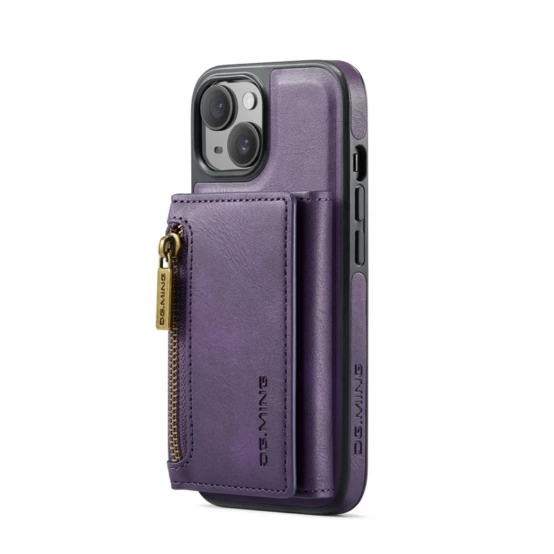 DG.MING M5 Series For iPhone 14 Magnetic Case RFID Blocking Detachable Leather+TPU+PC Wallet Cover - Purple