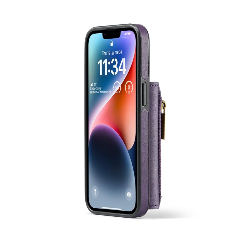 DG.MING M5 Series For iPhone 14 Magnetic Case RFID Blocking Detachable Leather+TPU+PC Wallet Cover - Purple