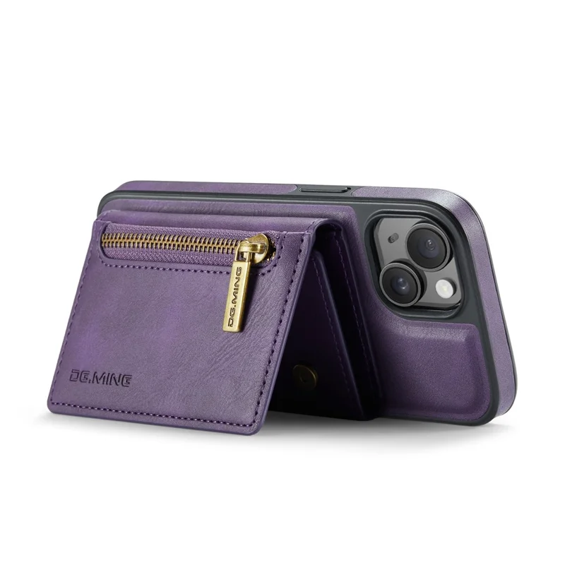 DG.MING M5 Series For iPhone 14 Magnetic Case RFID Blocking Detachable Leather+TPU+PC Wallet Cover - Purple
