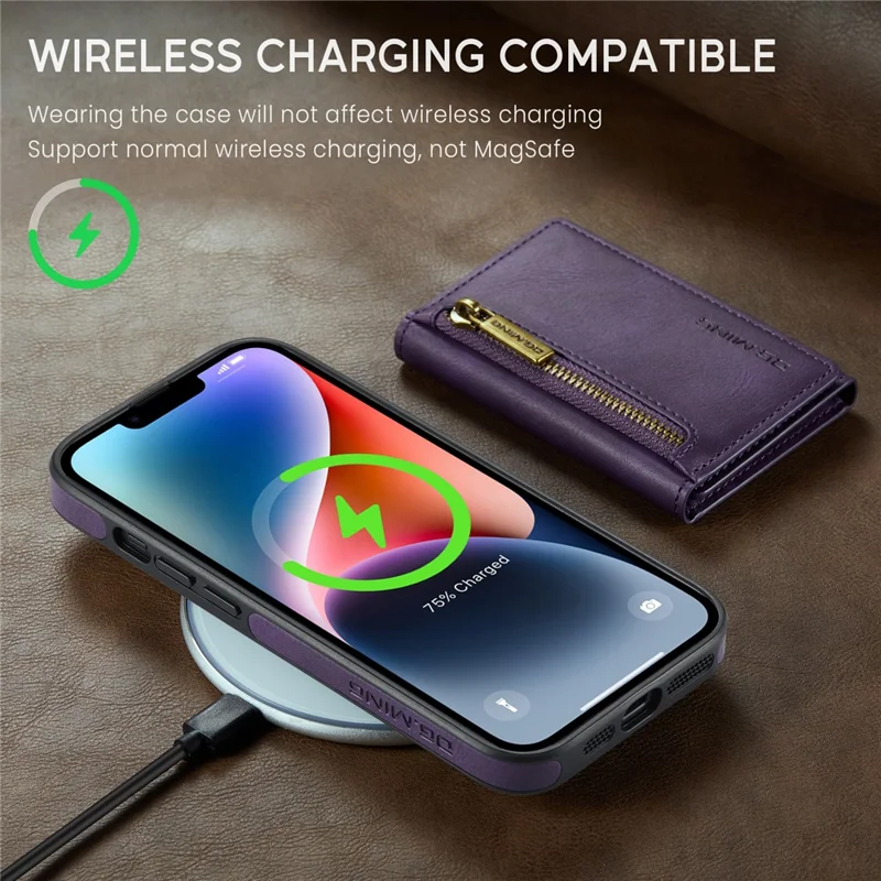 DG.MING M5 Series For iPhone 14 Magnetic Case RFID Blocking Detachable Leather+TPU+PC Wallet Cover - Purple