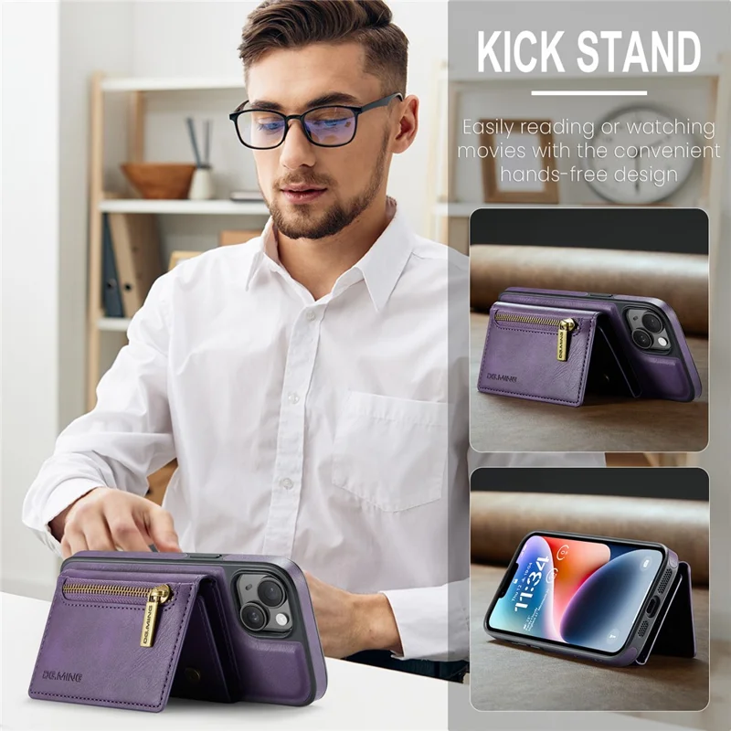 DG.MING M5 Series For iPhone 14 Magnetic Case RFID Blocking Detachable Leather+TPU+PC Wallet Cover - Purple