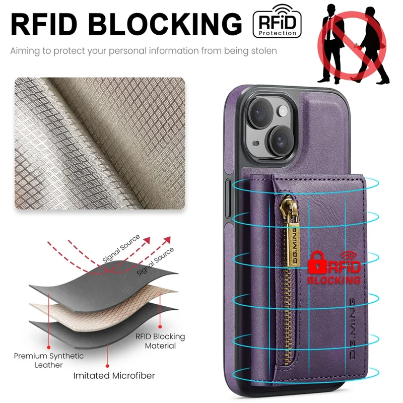 DG.MING M5 Series For iPhone 14 Magnetic Case RFID Blocking Detachable Leather+TPU+PC Wallet Cover - Purple