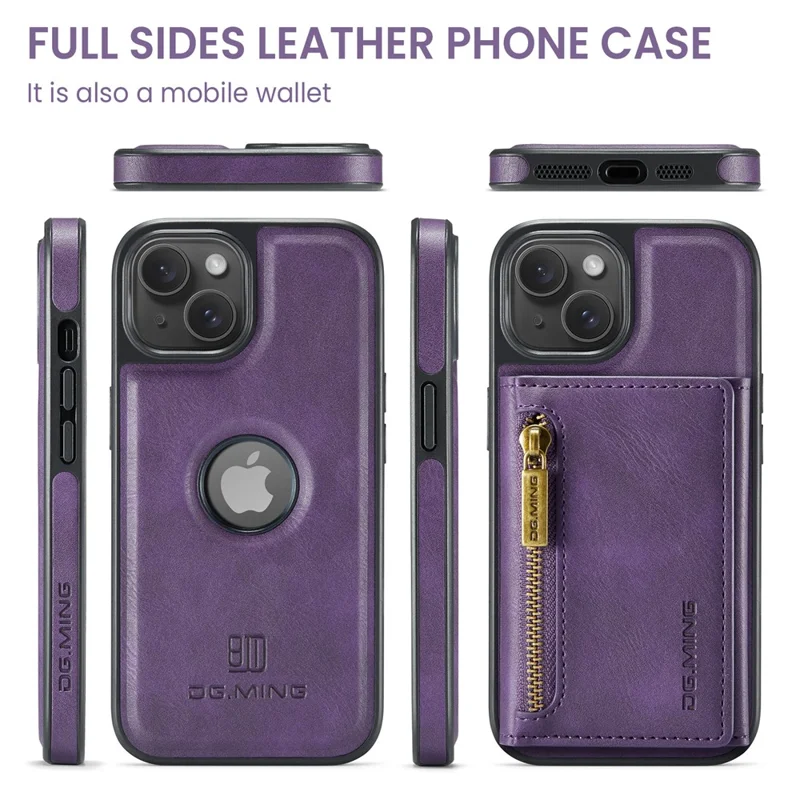 DG.MING M5 Series For iPhone 14 Magnetic Case RFID Blocking Detachable Leather+TPU+PC Wallet Cover - Purple