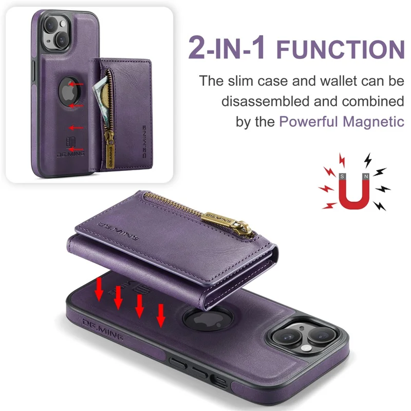 DG.MING M5 Series For iPhone 14 Magnetic Case RFID Blocking Detachable Leather+TPU+PC Wallet Cover - Purple