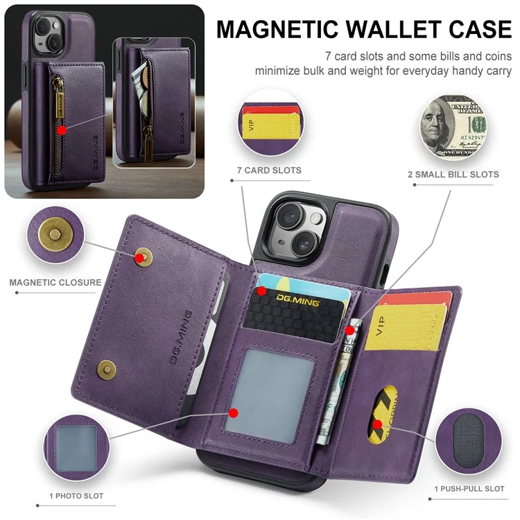 DG.MING M5 Series For iPhone 13 6.1 inch Magnetic Phone Case Detachable Kickstand Cover - Purple