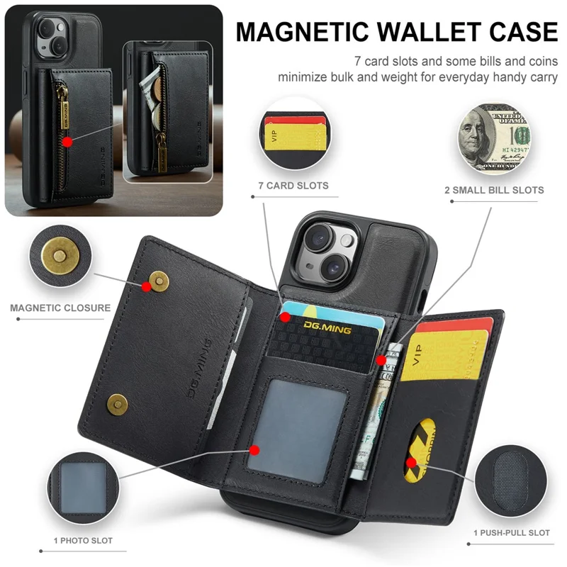 DG.MING M5 Series For iPhone 13 6.1 inch Magnetic Phone Case Detachable Kickstand Cover - Black